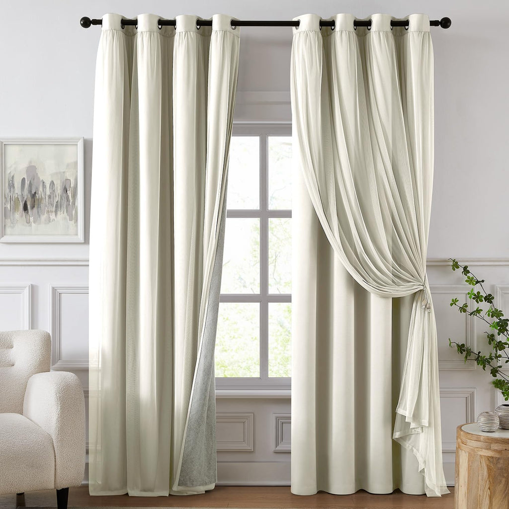 100% Blackout Curtains, Double Layer Ivory Curtains, Black Out Curtain 84 inch Long with Sheer Overlay, Room