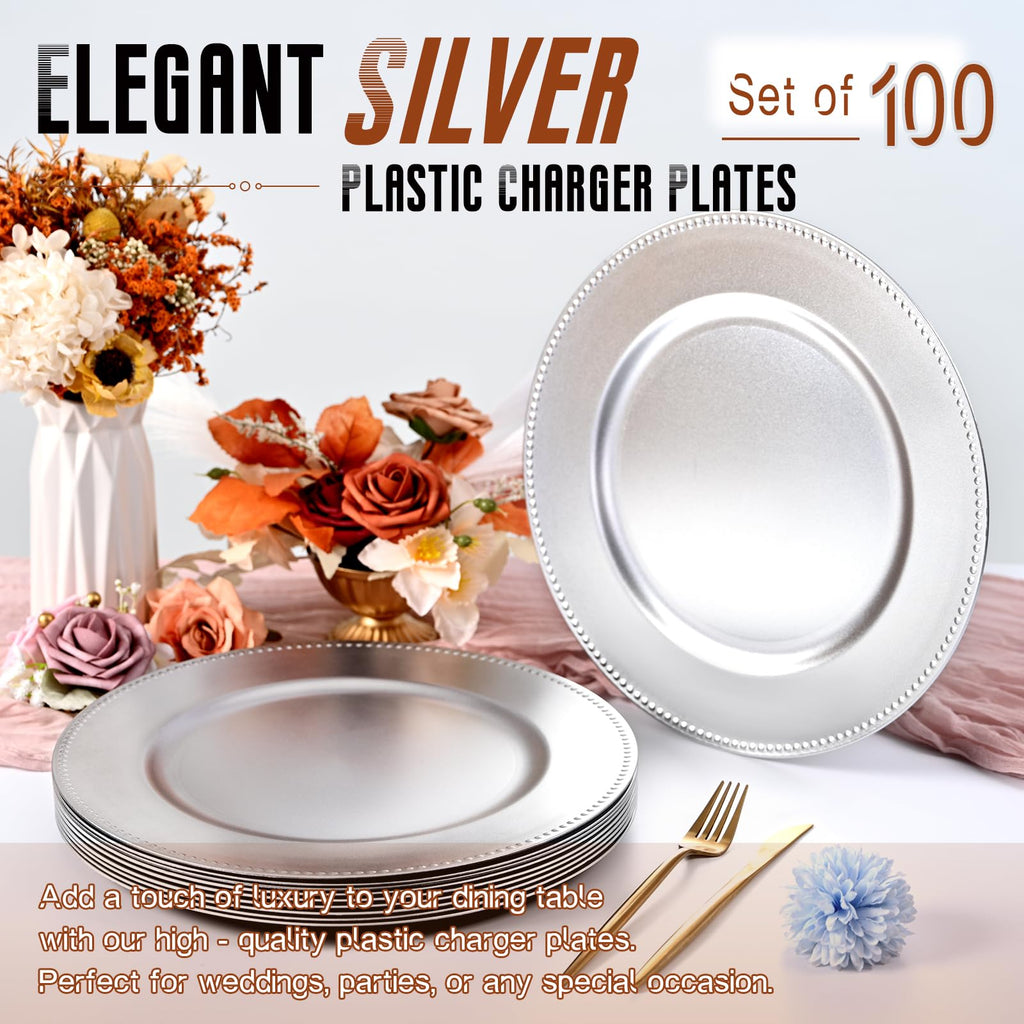100Pcs Silver Charger Plates Bulk Wedding - 13" Premium Silver Chargers for Dinner Plates, Decorative Charger Plates