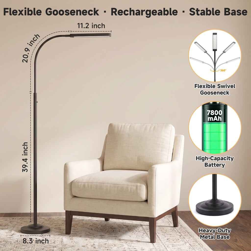 Cordless Floor Lamp Rechargeable LED Lamp with Touch Control, 15W, 7800mAh