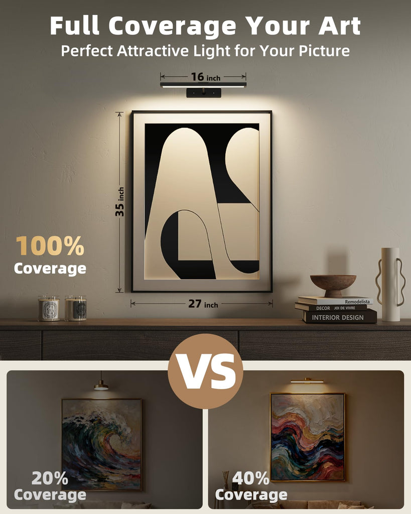 Picture Light for Wall, 4800mAh 16'' Rechargeable Wireless IR Remote Built in Battery Lights for Painting, Dimmable