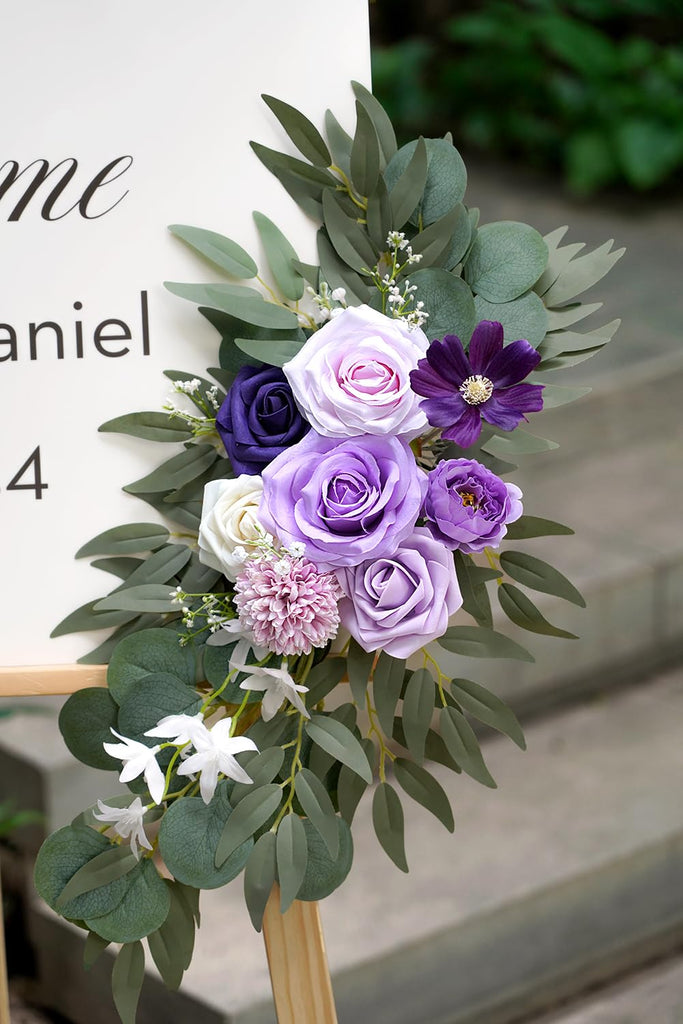 Faux Flower Swag Set of 2 for Wedding Welcome Signs Floral Decorations, Purple Wedding Arch Flowers for Wedding