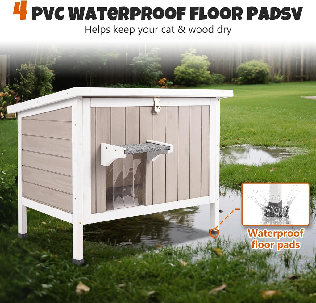 Outdoor Elevated Cat House for 1-2, Weatherproof Wooden Cat Shelter with PVC Ventilated Curtain, Dual Escape Doors