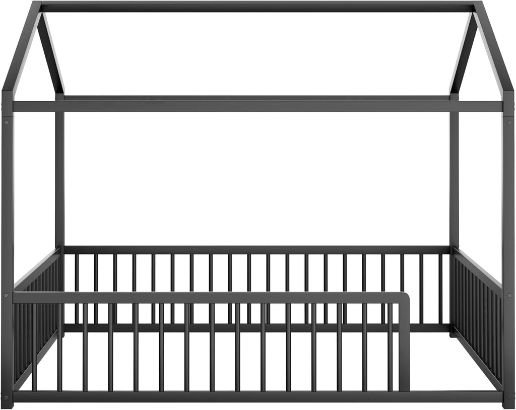 House Shape Montessori House Bed Metal Floor Bed Bed, Black