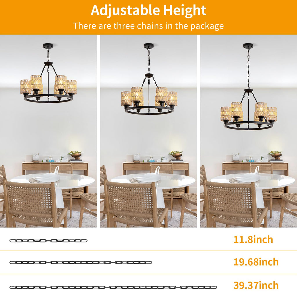 6-Light 24" Farmhouse Rattan Wagon Wheel Chandelier