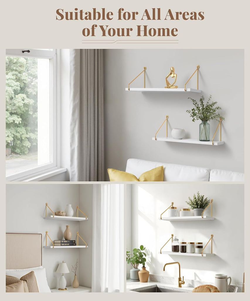 Floating Shelves for Wall, White and Gold Shelf, Display Wall Shelves | Hanging Bookshelf with Bracket, Solid Wood