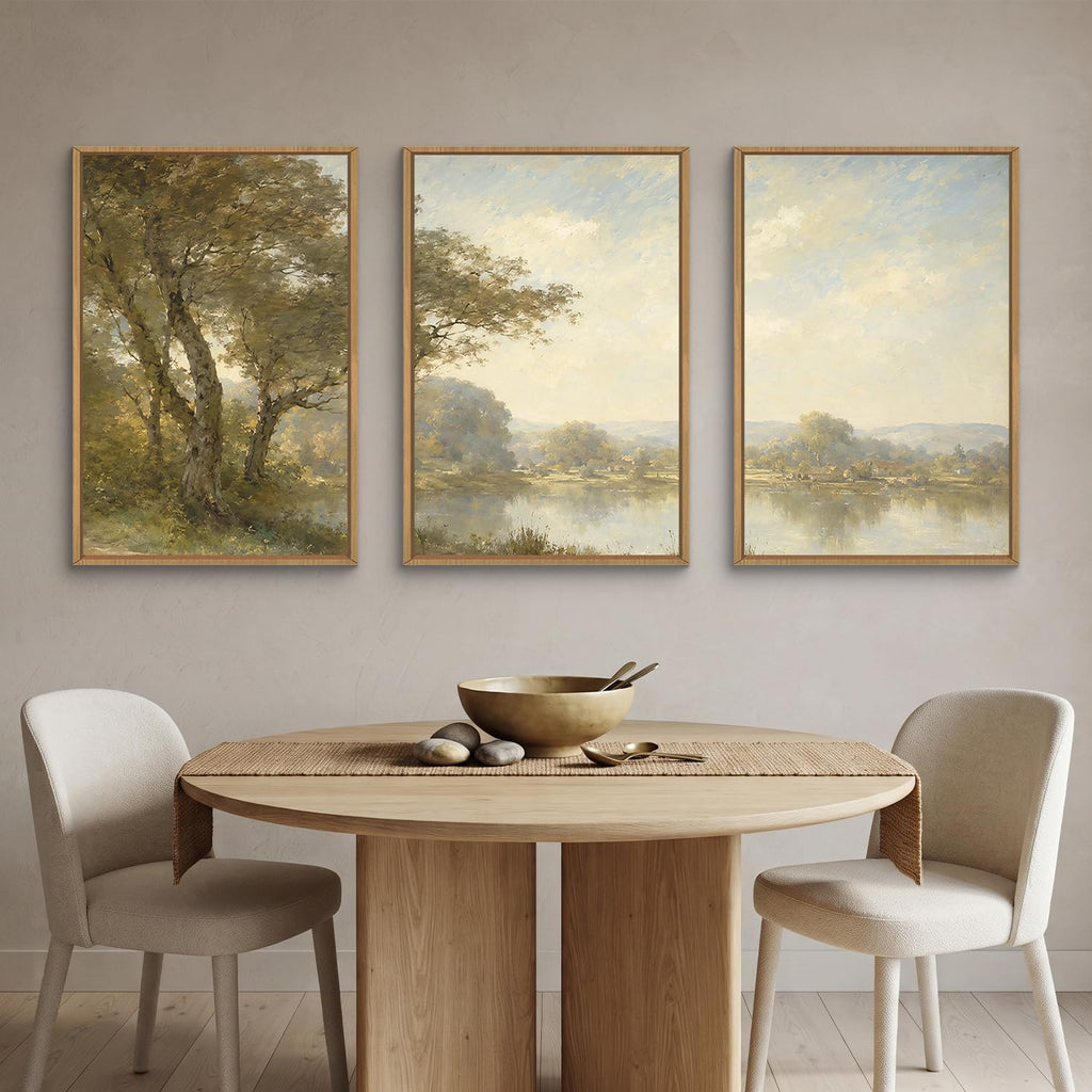 Large Vintage Green Riverside Scenery Framed Canvas Wall Art Set, Rustic Lake Trees Landscape Wall Decor, Classic