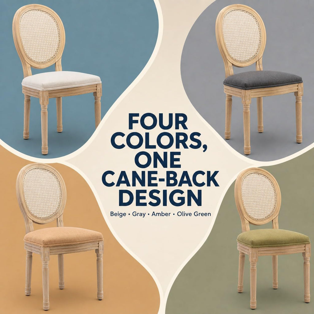 French Country Dining Chairs Set of 6, Cream Kitchen & Dinning Chairs Set of 6, Ivory Rattan Dining Chairs, Cane