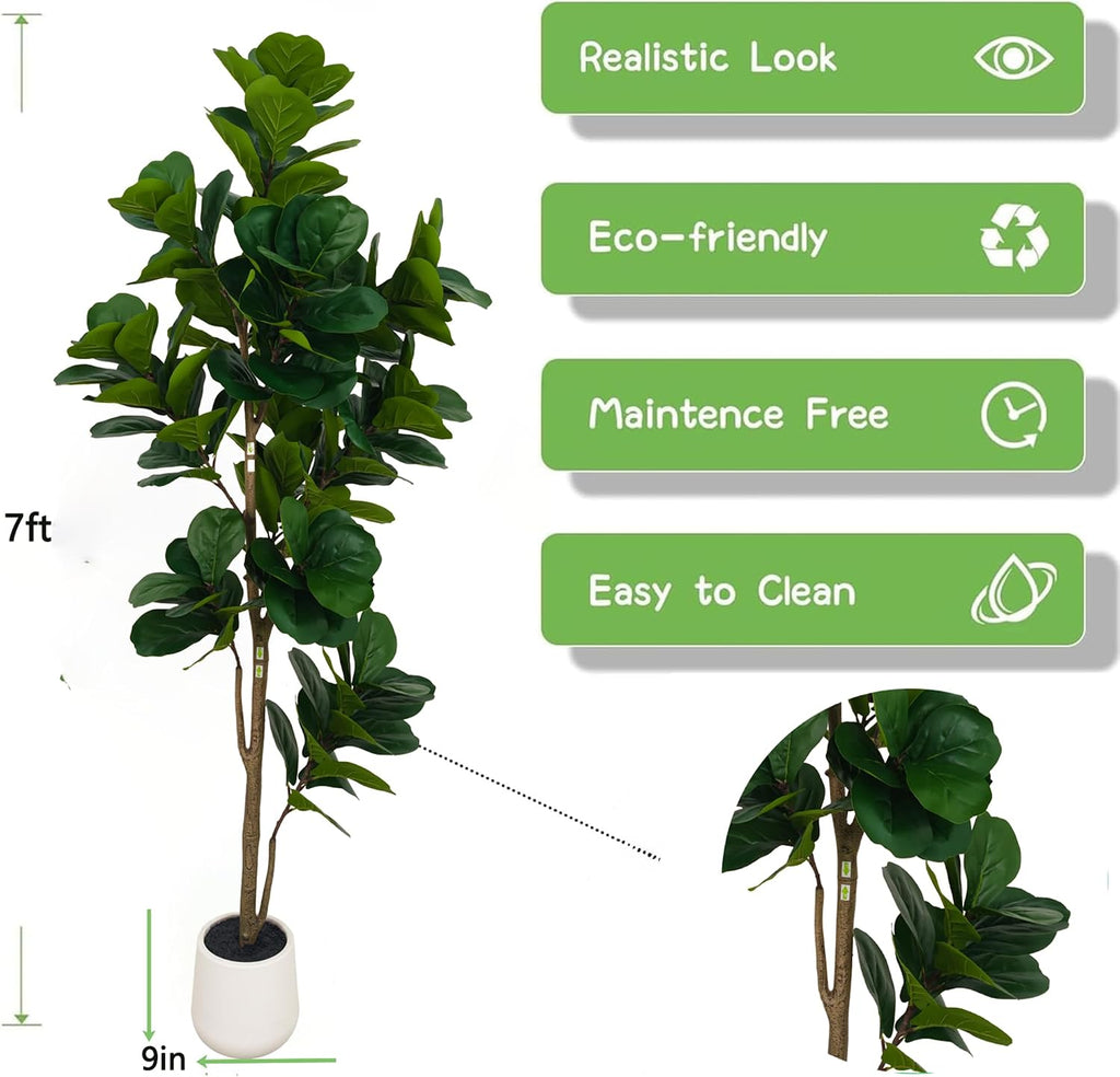 Artificial Fiddle Leaf Fig Tree 7ft - Lifelike Indoor Tall Faux Plant Décor, Low Maintenance, Realistic Greenery