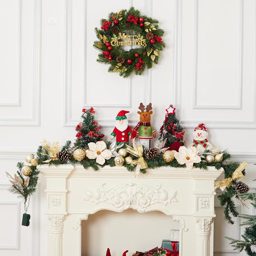 6ft Christmas Garland with Lights, Prelit Outdoor Christmas Garland with Timer 20 LED Lights Pine Cones Gold Ball