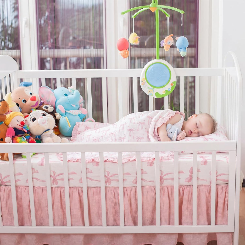 Pink Bow Crib Bedding Set of3 with Sheet Quilt Bed Skirt