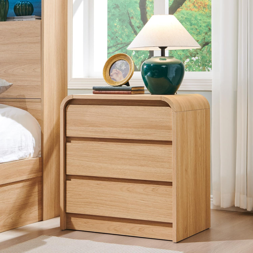 25" Tall Modern Nightstand with Charging Station, 23.6'' Wide Wood Bedside Table w/3 Storage Drawers, Small Dresser