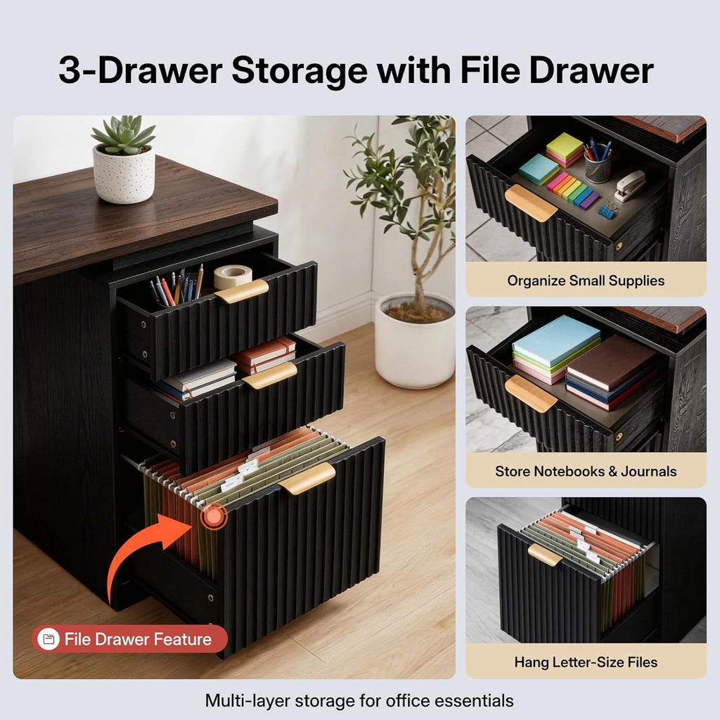 61 Inch L-Shaped Desk with Arched Hutch, Power Outlets, 3 Drawers, File Cabinet & Sliding Door Storage - Black