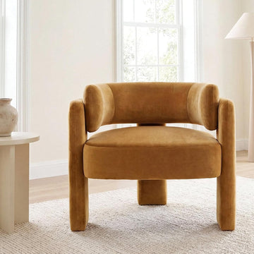 Modern Velvet Accent Chair, Comfy Upholstered Barrel Chairs (1, Khaki) | Accent Chairs with 3 Legs, Side Arm Chair