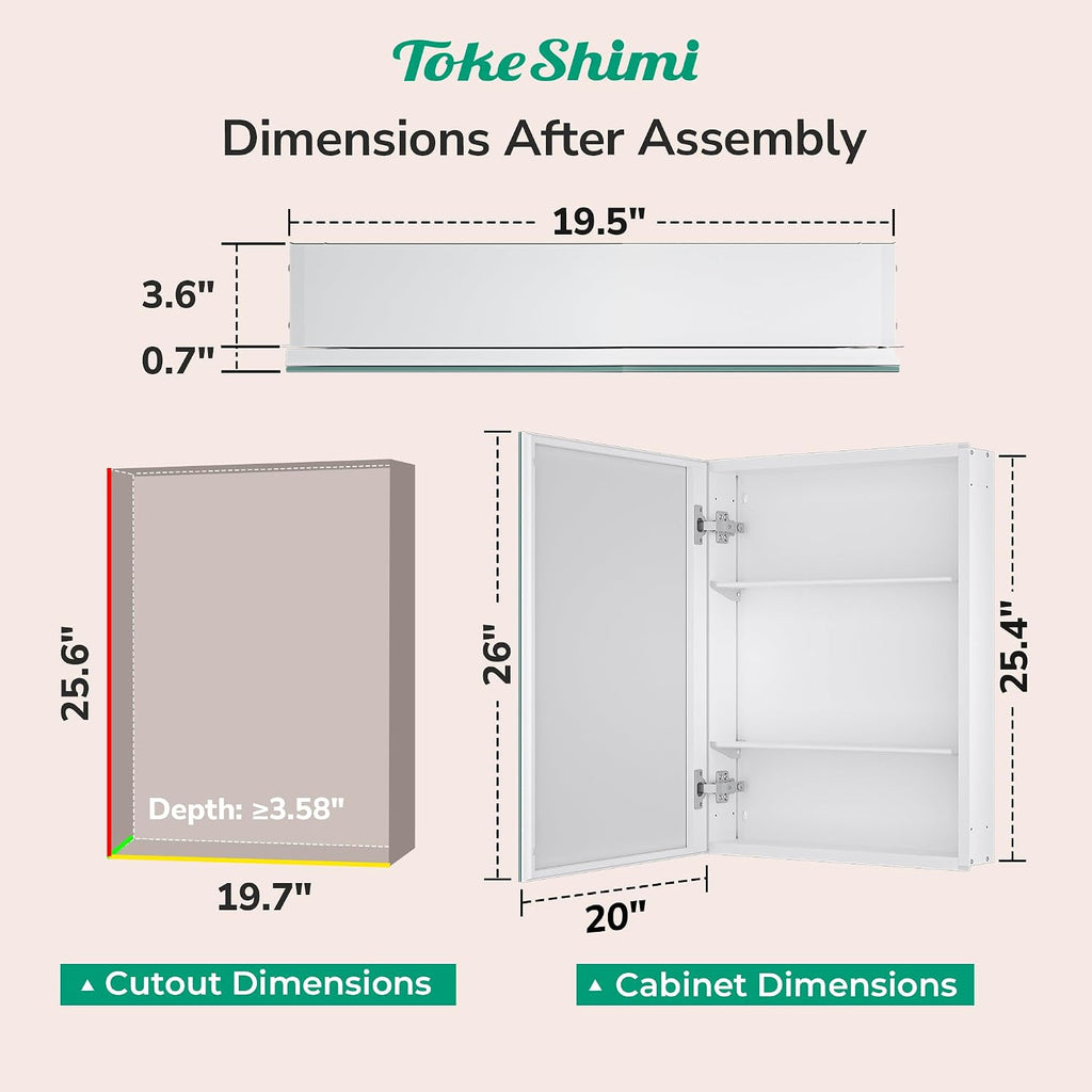 20x26 Medicine Cabinet Mirror with Storage Tempered, Aluminum Surface Mount or Recessed Medicine Cabinet White with