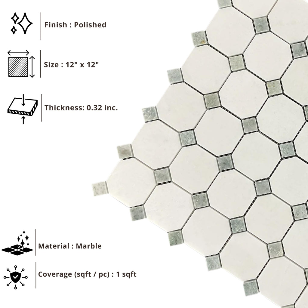 White Marble Octagon Mosaic Tile with Green Dot - 12x12 Polished Natural Stone Mosaic for Wall & Floor, Bathroom