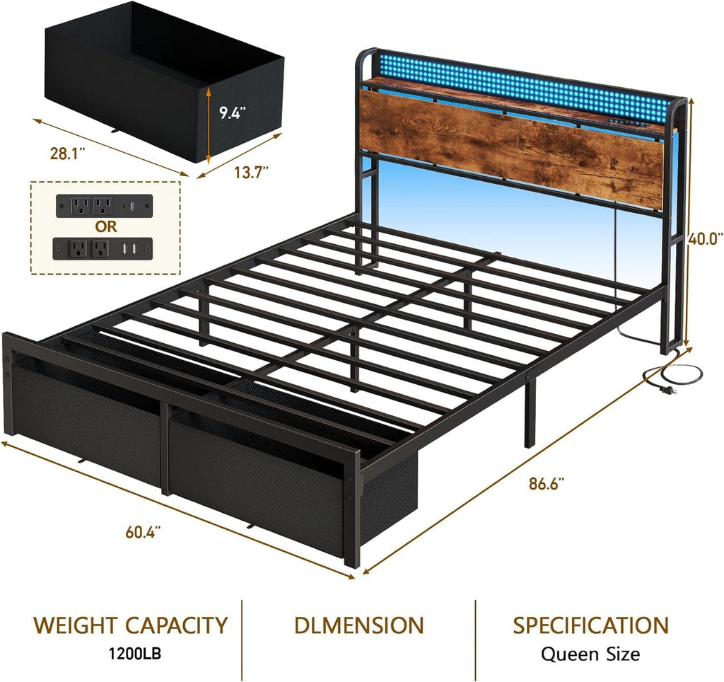 Queen Bed Frame with Headboard Storage, Platform Bed Frame Queen with 2 Drawers, Charging Station and LED Lights