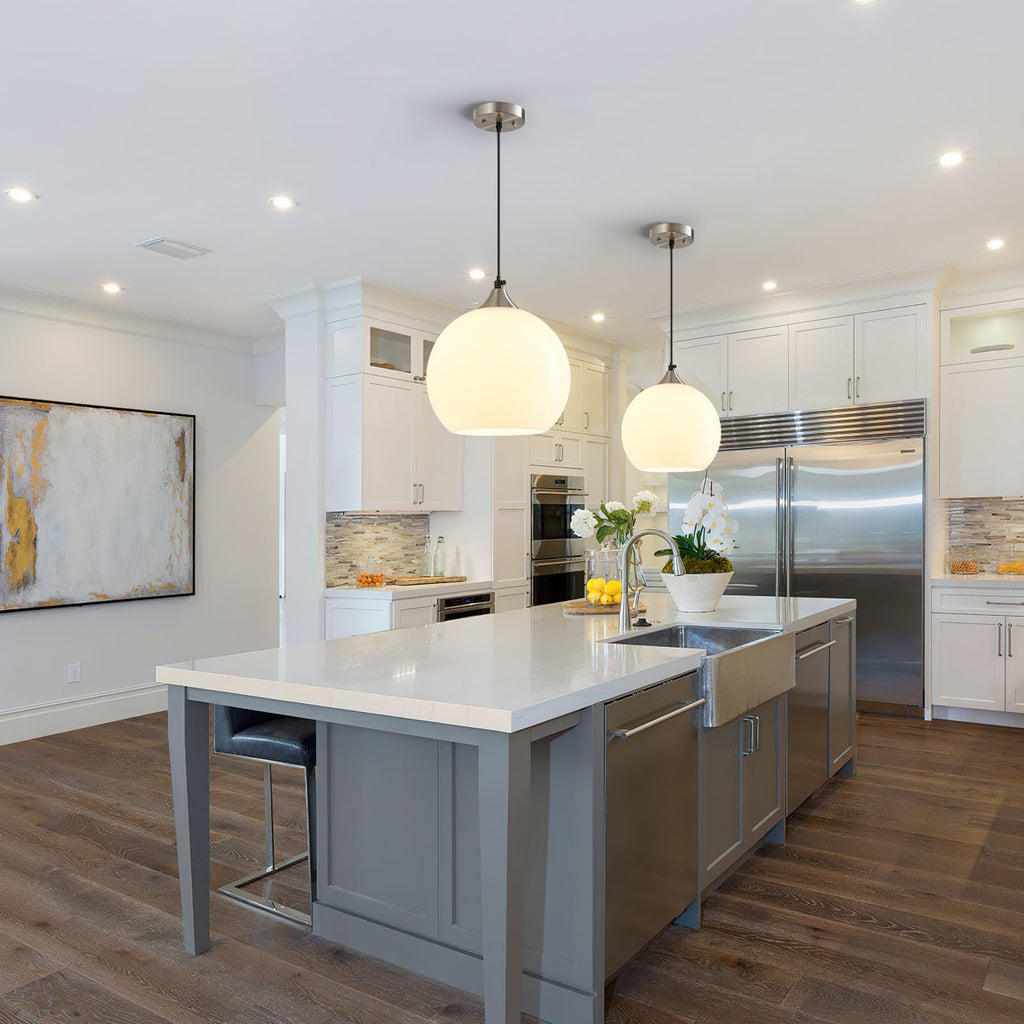 White Pendant Lights Kitchen Island 1 Pack, 7.87 in Milk Glass Globe