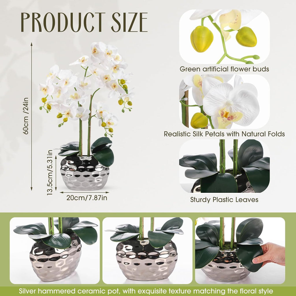 2 Pack Extra Large Orchids Artificial Flowers 24" White Faux Phalaenopsis with Ceramic Pot, Real to Touch Faux Silk