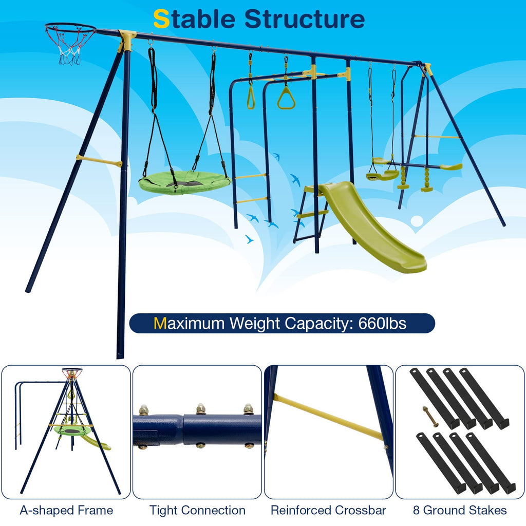7-in-1 Swing Sets for Backyard, 660lbs Metal Playground Set w/Slide