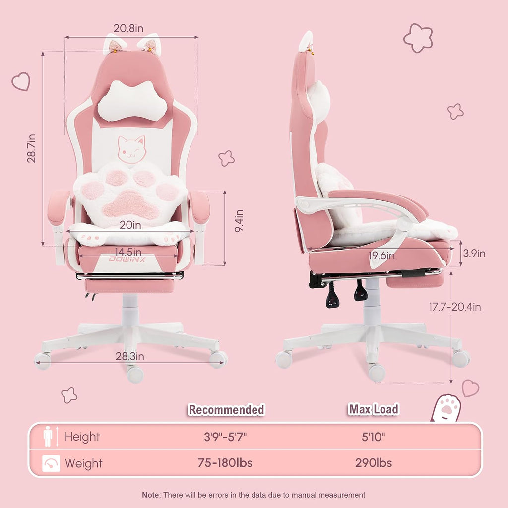 Pink Gaming Chair with Cat Ears and Massage Lumbar Support, Ergonomic Computer Chair with Footrest and Headrest