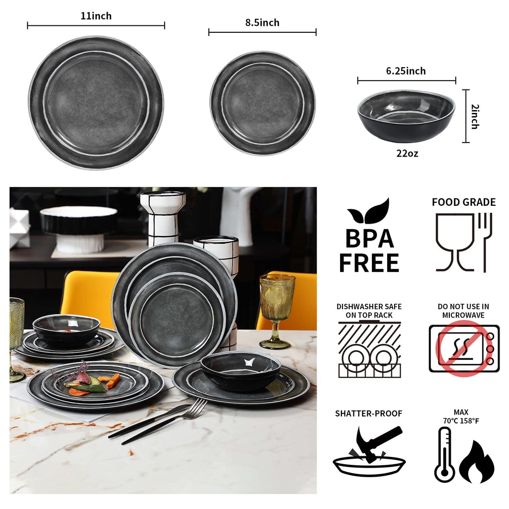 Black Melamine Dinnerware Set for 4,12Pcs Dish Set for Indoor & Outdoor Use