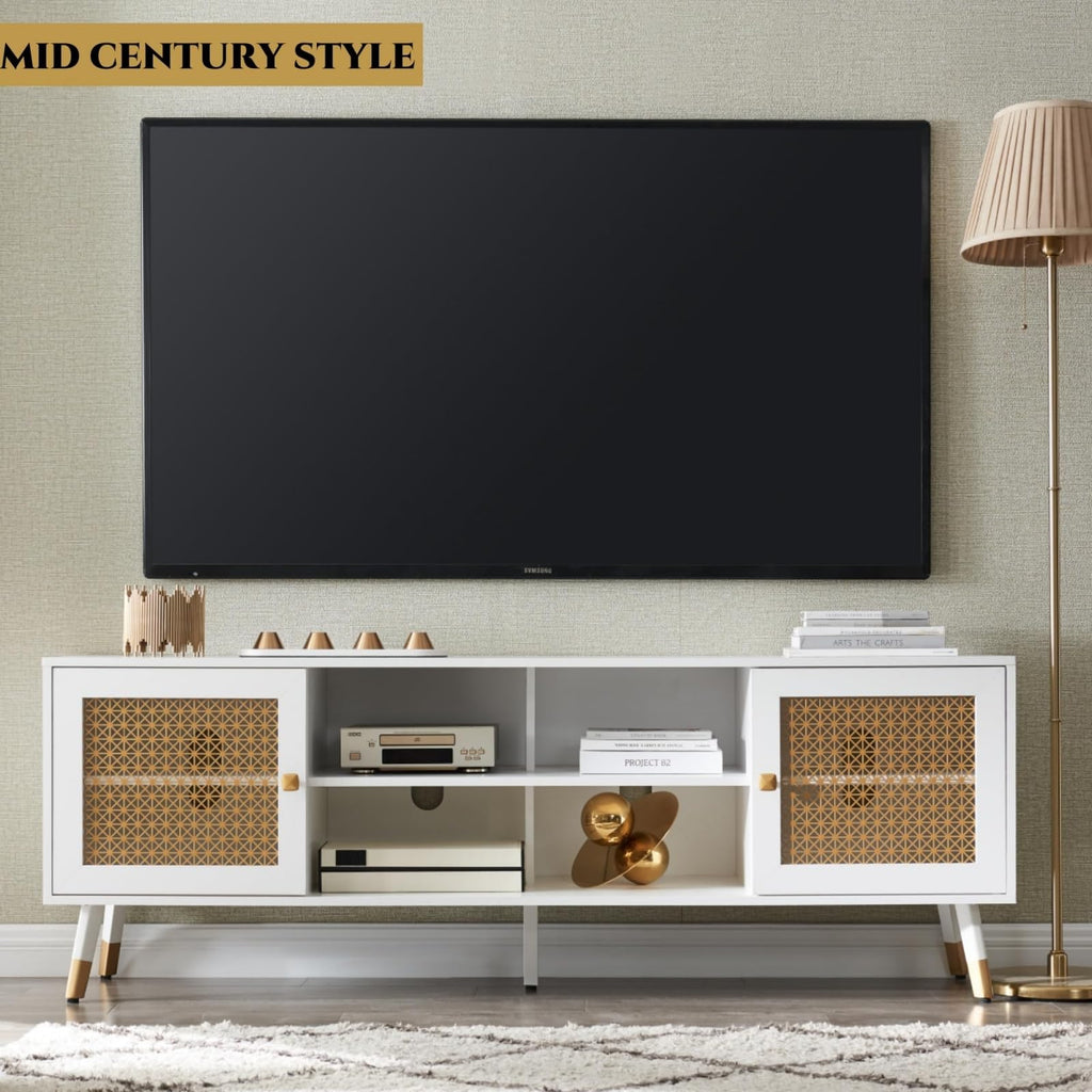 White TV Stand, 66" Modern Entertainment Center with Storage Cabinets, Fluted Boho TV & Media Console (White and
