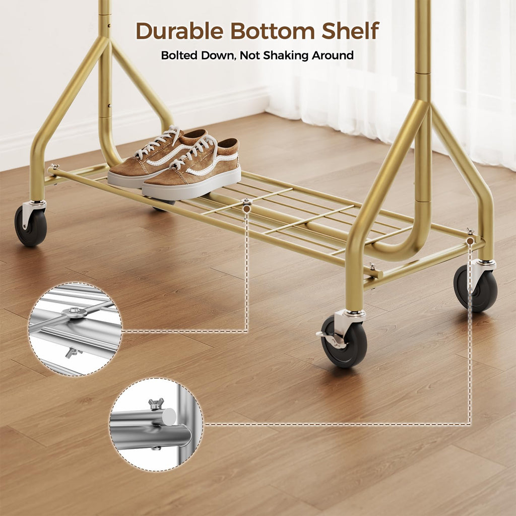 Heavy Duty Clothes Rack, Double Rod Clothing Rack for Hanging Clothes, Rolling Garment Rack, Adjustable Freestanding