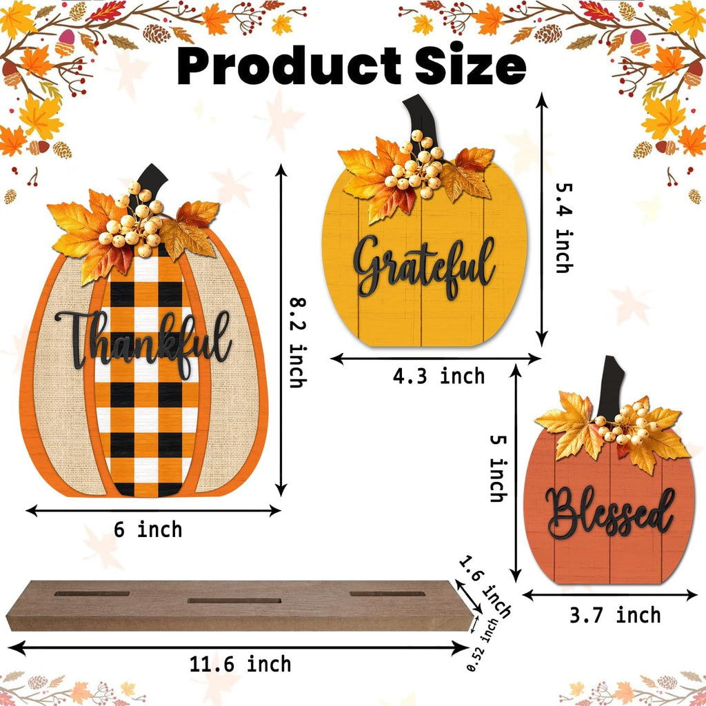 Fall Pumpkin Table Sign with LED Lights, Blessed Grateful Thankful Rustic Farmhouse Decor, Thanksgiving Harvest - Set of 3