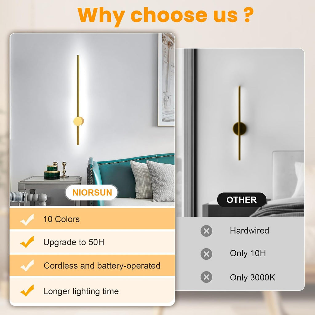 24 Inch Battery Operated Wall Sconce Set of 2,Gold Minimalist Rechargeable LED Wall Lights with Remote, 10 Colors