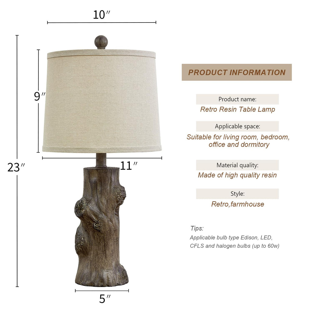 23"Resin Table Lamps Set of 2 Country Cottage Farmhouse Lamp Tree Trunk Wood Grain with Oatmeal Fabric Round Shade