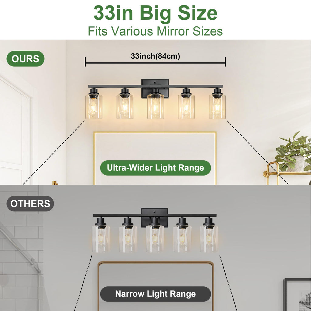5-Light Bathroom Light Fixtures, 33 Inch Vanity Lights with Clear Glass Shade, Modern Black Finish Wall Light for