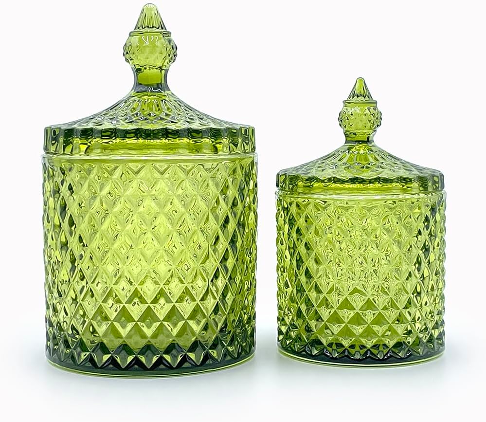 20 oz Olive Green Glass Candy Dish with Lid-Display Decorative Jar for Makeup Brush Holder,Q-Tip Storage,Cotton