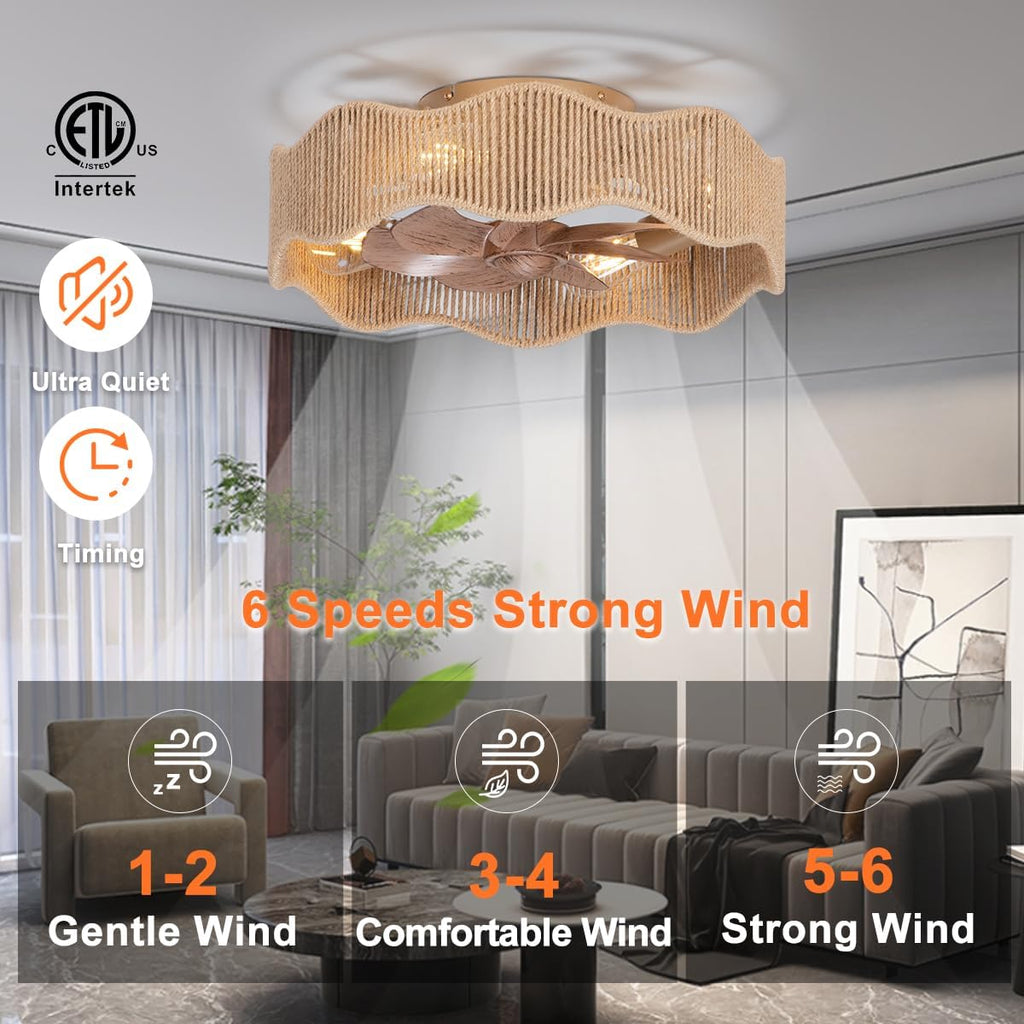 18" Boho Fandelier Ceiling Fan with Light Flush Mount, Caged Low Profile Ceiling Fan with Light, Small Rattan