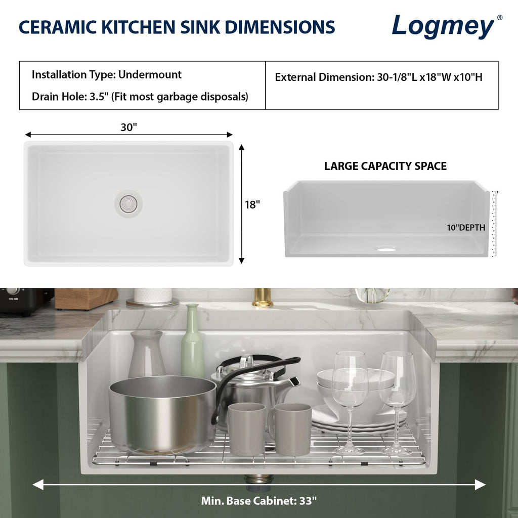 30 Inch White Farmhouse Sink 30x18 Fireclay Single Bowl Apron Front Kitchen Sinks Undermount Installation Ceramic