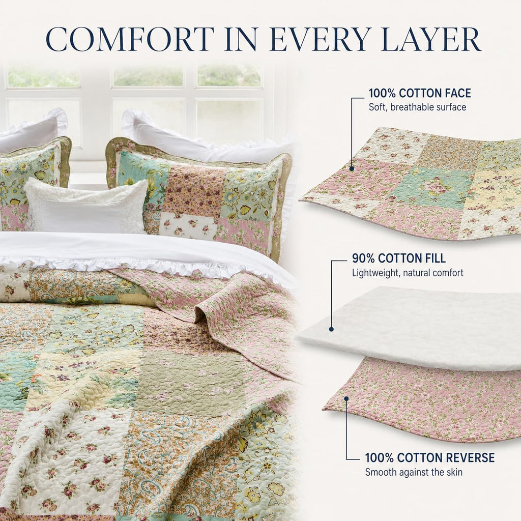 Green Patchwork Quilts Cotton Vintage Coverlet 3PC