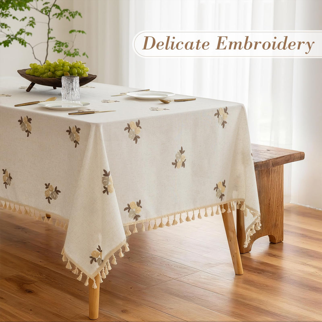 Cream Linen Tablecloth Rectangle 60 x 84 Inch Brown Floral Pattern Embroidered Table Cloth with Tassel Heavy Duty