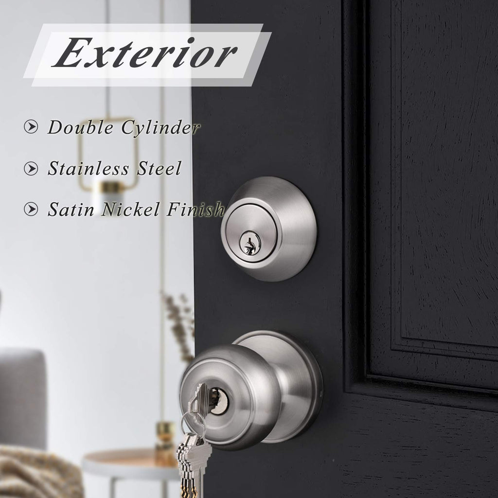 Front Door Entry Handles Lockset and Double Cylinder Deadbolt Combination Set, Satin Nickel (2 Pack) Keyed Alike