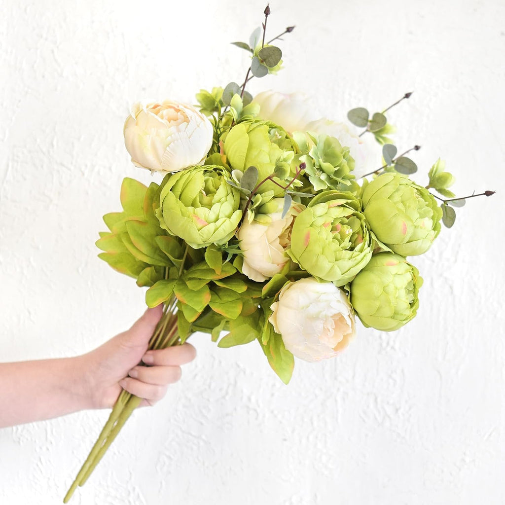 Cream Beige & Moss Green Artificial Peony Bouquet - Set of 2