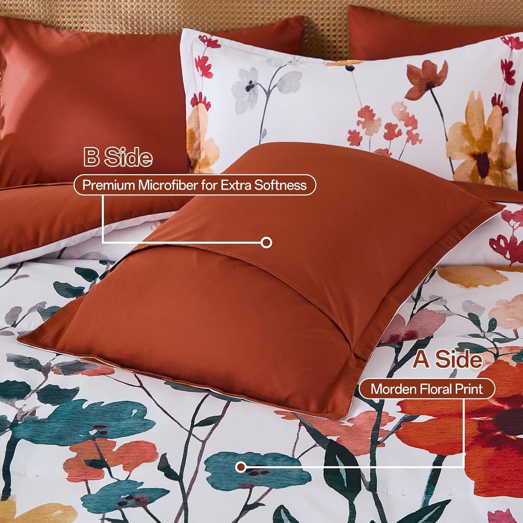 8-Piece King Comforter Set, Orange Watercolor Floral Bed in a Bag with Sheets and Pillowcases