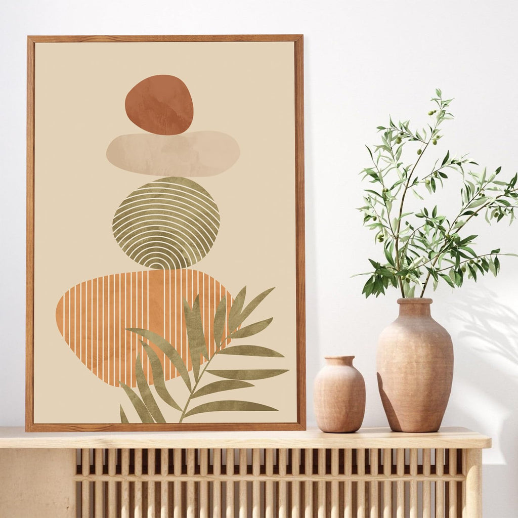 Boho Abstract Sage Framed Canvas Wall Art, Bohemian Neutral Wall Decor, Mid Century Beige Painting, Natural Minimalist