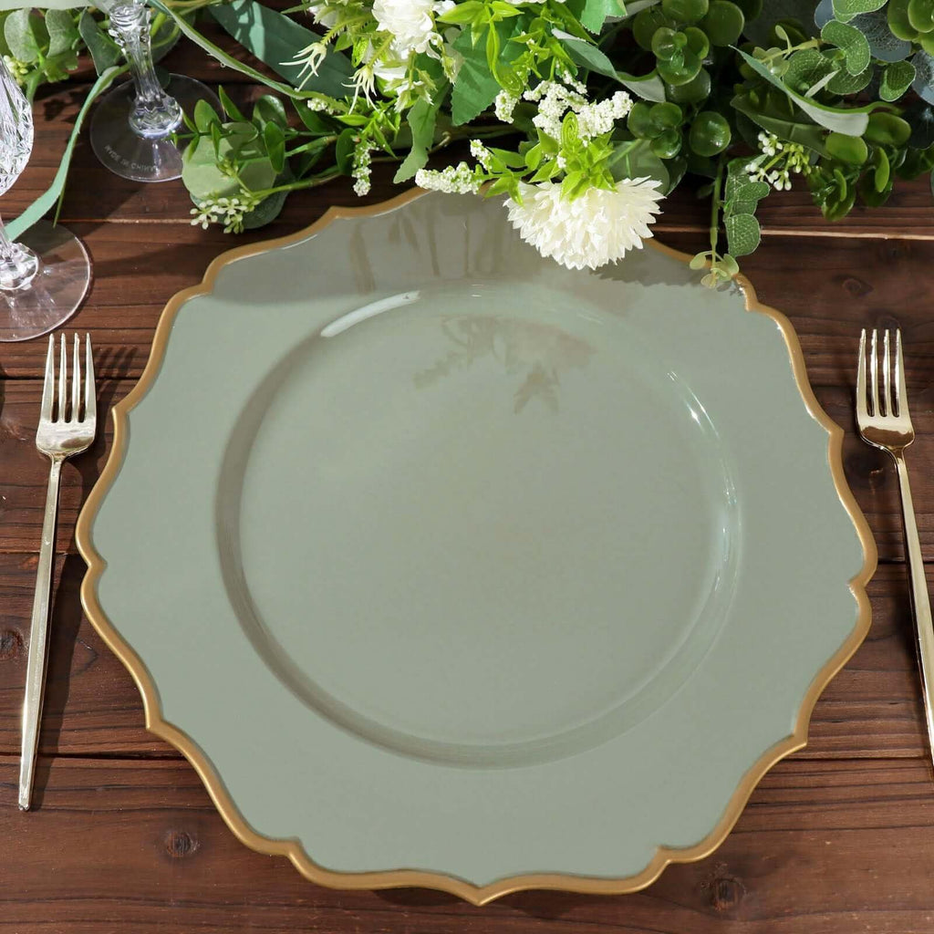 13" Charger Plates - Set of 12 - Dusty Sage Green Round Acrylic Chargers with Scalloped Rim, Ideal for Dinner Party