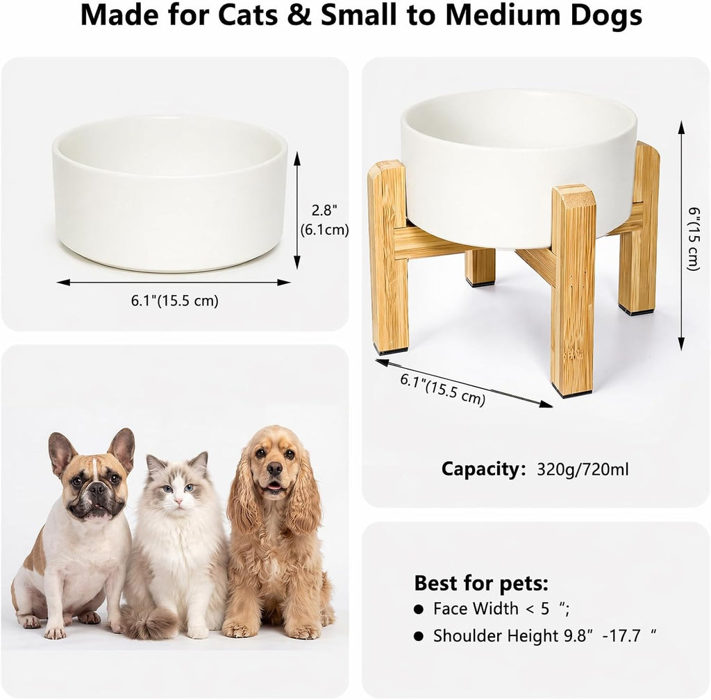 Ceramic Elevated Dog Bowl with Bamboo Stand, for Small & Medium Dog, White