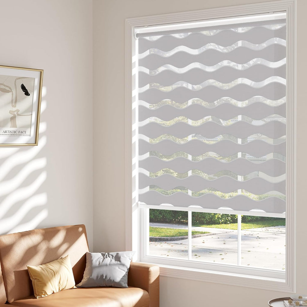 No Drill Cordless Zebra Blinds, 35" W x 48" H, Stone Grey | Dual Layer Light Control Roller Shades, Light Filtering