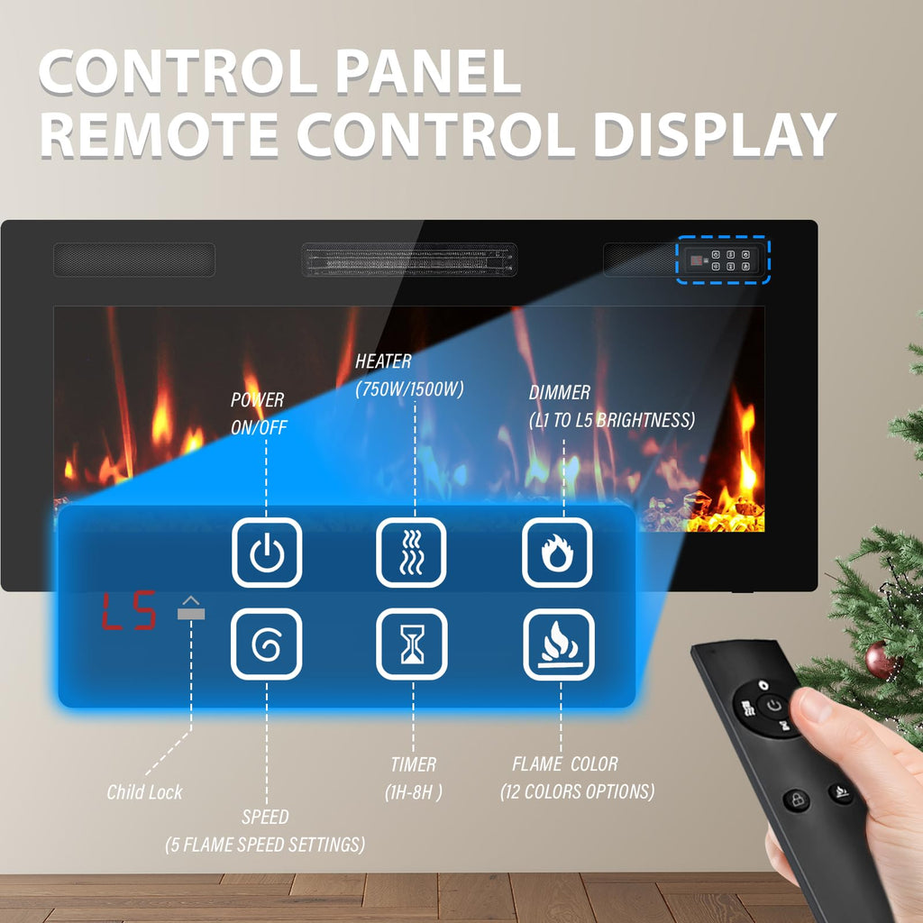 40" Electric Fireplace Recessed Wall Mounted, Ultra Thin Linear Fireplace Inserts, 12 Flame Colors, Timer, Remote &