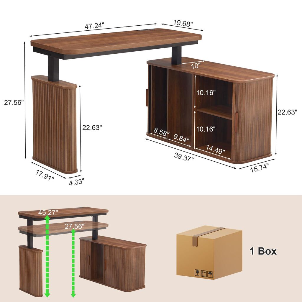 47" L Shaped Electric Wood Standing Desk with Storage
