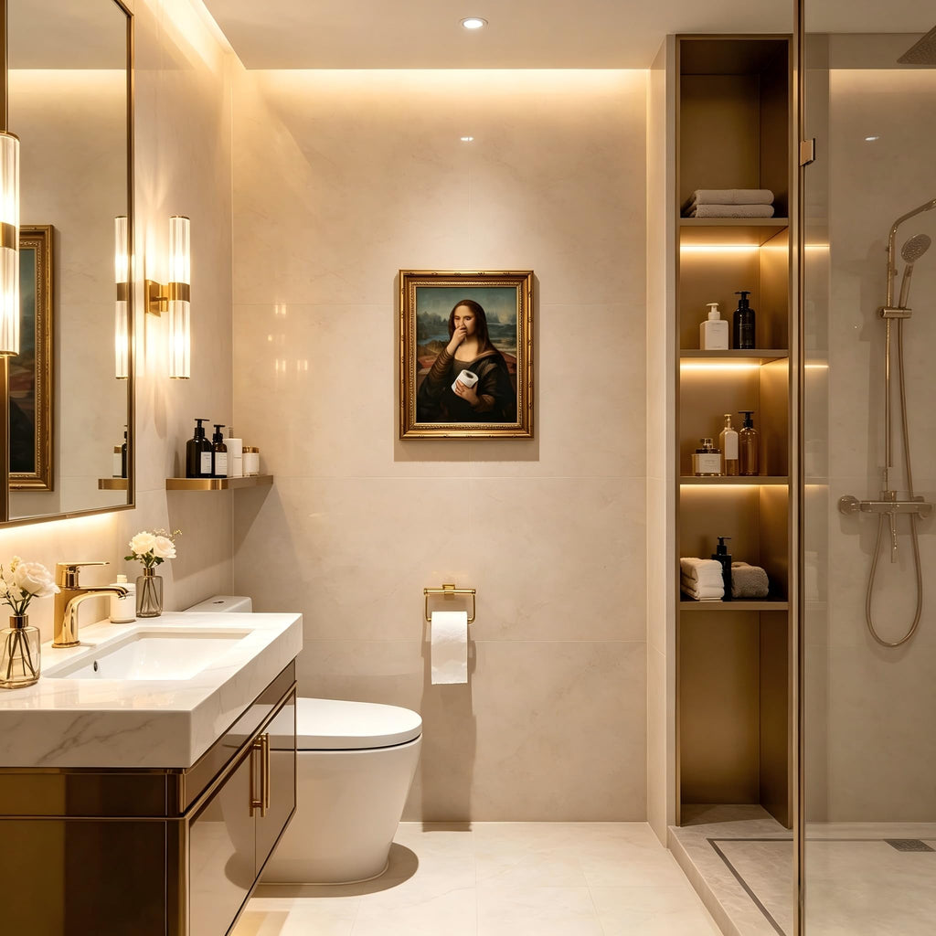 Funny Mona Lisa Bathroom Wall Art, Vintage Gold Frame, 24 x 16 In