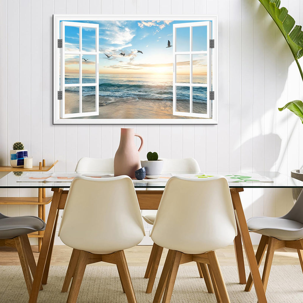 Ocean Beach Sunset Window Canvas Wall Art Seagull Seascape Paintings Coastal Picture Framed Artwork Living Room