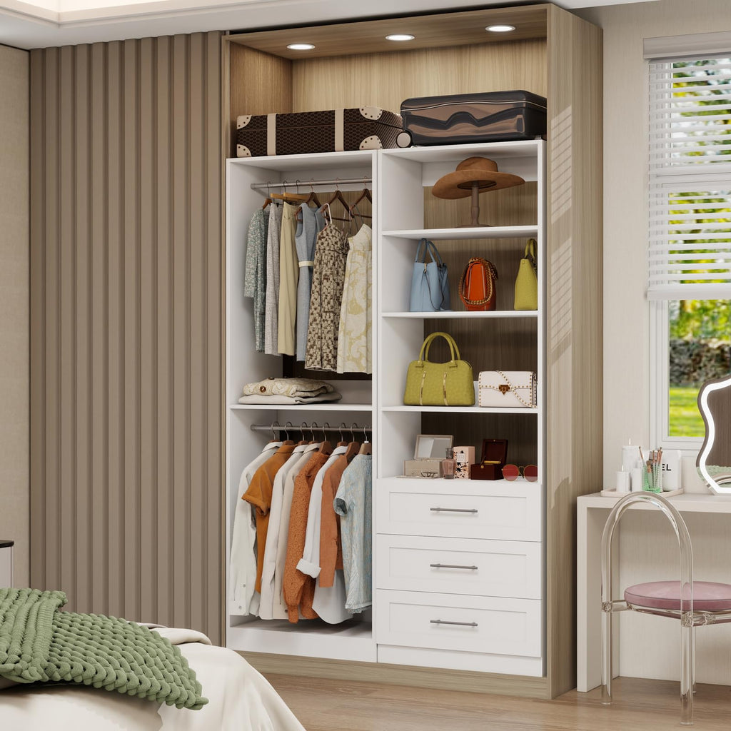 Closet System with 3 Drawers, 4FT-10.5FT Wooden Organizer System