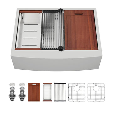 30 Stainless Farmhouse Sink Double Bowl - 30x22 Inch Apron Front Kitchen Sink Ledge Workstation Double Bowl 60/40 Low
