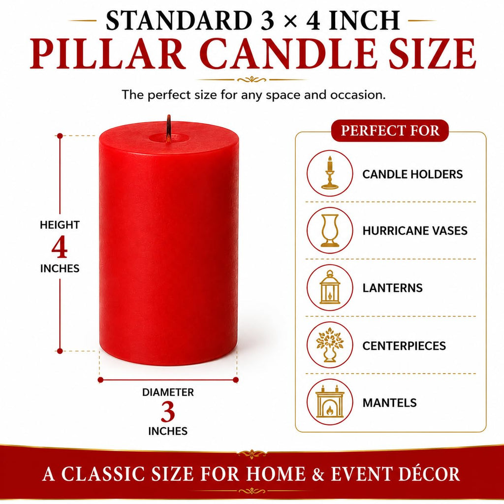 Rustic Red Pillar Candles 3x4 Inch, Set of 3, 45+ Hour Burn, Dripless